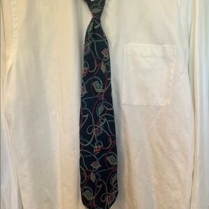 Men's Patterned Navy Tie with Red and Teal Accents